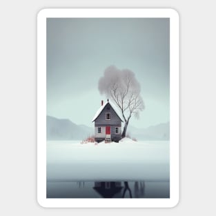 Nordic Winter Cottage Red door Minimalist Art Printable Sticker